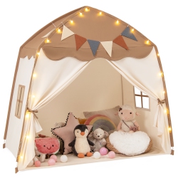 GYMAX Kids Play Tent W/flags And Globe String Lights for 3-12 Years Old Indoor Outdoor