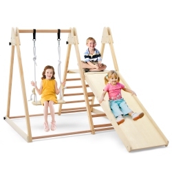 GYMAX 5-In-1 Kids Indoor Playground W/ Slide Climbing Rock Adjustable Swing Wooden