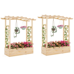 GYMAX 2PCs Wooden Raised Garden Bed W/ Trellis & Hanging Roof Planter Box for Garden