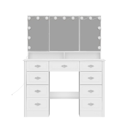 HOMSEE Vanity Table With Led Mirror, 9 Drawers & Storage Shelves, Three-Color Illuminated Makeup Desk for Bedroom (43.3" W X 18.1" D X 54.1" H), White