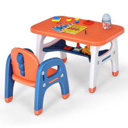 GYMAX Babyjoy Kids Study Desk Dinosaur Table & Chair Set W/ Building Blocks Activity In Orange