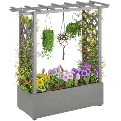 OUTSUNNY Raised Garden Bed \w Trellis, Wood Planter Box \w Hanging Roof And Drainage Holes, Elevated Planter Box \w Bed Liner for Climbing Plants