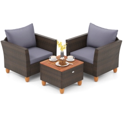 GYMAX Set Of 3 Rattan Bistro Furniture Set Wooden Table Top Cushioned Sofa Patio