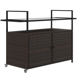 OUTSUNNY Pe Rattan Outdoor Bar Cart \w Wheels, 2-Tier Outdoor Kitchen Island \w Shelf & Cabinet, Rolling Cart \w Glass Top, Handles, Towel Racks For