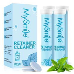 MYSMILE Retainer Cleaner \w 120 Denture Cleaning Tablets, Quickly Remove Odors, Discoloration Stains & Plaque From Aligner, Mouth Guard, Night Guard