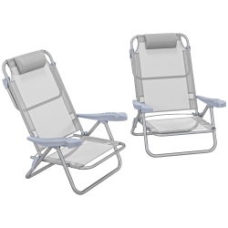 OUTSUNNY Set Of 2 Portable Camping Chair, Lightweight Beach Chairs \w 6-Level Adjustable Backrest And Headrest, Folding Chair for Outdoor, Beach