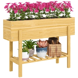 OUTSUNNY Raised Garden Bed \w Legs, 39" X 12" X 28" Elevated Wooden Planter Box \w Storage Shelf, Bed Liner And Drainage Holes for Backyard Patio