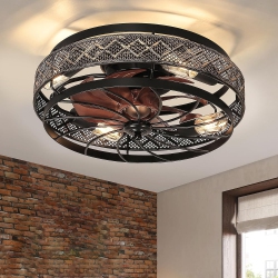 PRISMI Low Profile Caged Ceiling Fans \w Lights And Remote, Flush Mount Ceiling Fan \w Light, Bedroom Fan, Small Industrial Ceiling Light Fixture