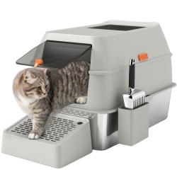 PAWHUT Stainless Steel Cat Litter Box With Lid, Metal Litter Pan Tray With High Sided, Scoop, 34.5L, Easy Clean, Non-Sticky & Anti-Leakage, Light
