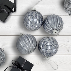 NORTHLIGHT Geometric Glittered Shiny Glass Ball Christmas Ornaments - 3" (80Mm) - Pewter - 4Ct