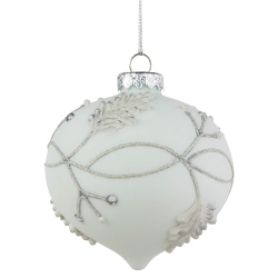 NORTHLIGHT And Silver Leaves Glass Onion Christmas Ornament - 3.5" In White