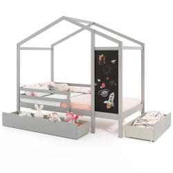 COSTWAY Twin House Bed With 2 Storage Drawers Solid Wood Platform Bed With Blackboard