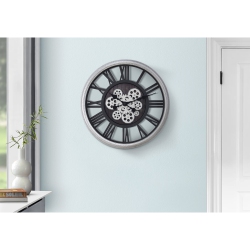 MONARCH SPECIALTIES I 9058 - Clocks, 20" Round, Gear Mechanism, Wall Clock, Black, Silver, Transitional