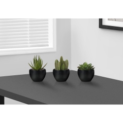 MONARCH SPECIALTIES I 9556 - Artificial Plant, 6" Tall, Succulent, Indoor, Faux, Fake, Tableery, Potted, Set Of 3, Decorative Plants, Black Pots