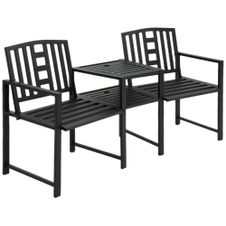 OUTSUNNY Metal Outdoor Bench, 2-Seater Garden Bench With Middle Table And Umbrella Hole, Patio Loveseat With Slatted Seat & Backrest In Black