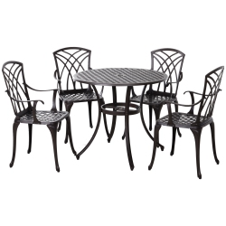 OUTSUNNY 5 Pieces Outdoor Dining Set, Cast Aluminium Patio Table And Chairs With Parasol Hole for Garden Backyard Poolside, Patio Dining Set for 4