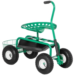 OUTSUNNY Garden Scooter, Rolling Cart With Swivel And Adjustable Seat, Tool Tray, Bucket Basket And Black In Green