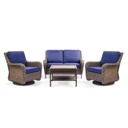 KRIKACY 4PCs HDpe Wicker Coversation Loveseat Set With Swivel Chair And Coffee Table(Blue Cushions)