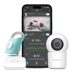 SENSE-U Baby Sock Shoe Bundle Smart Baby Monitor: Sock Shoe Plus 2K Ptz Camera - Track Heart Rate, Oxygen, Sleep Movement, Heartbeat, Pan-Tilt-Zoom