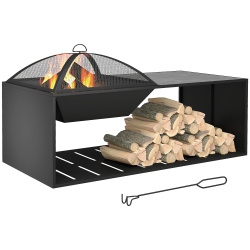 OUTSUNNY Fire Pit Coffee Table With Ceramic Tile Top And Storage Shelf, Wood-Burning Firepit With Spark Screen And Poker In Black