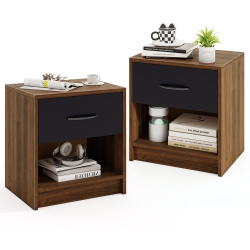 GYMAX 2 PCs Nightstand W/ Drawer Side Table W/ Slide-Out Drawer Open Storage Shelf