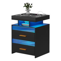 VLSRKA Nightstand \w Charging Station, Night Stand \w Drawers Bedside Table \w Led Light & Human Sensor Design Modern End Table for Bedroom