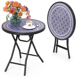 GYMAX Round Folding Side Table 18 Inch Patio Coffee Table W/ Tempered Glass Tabletop