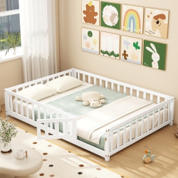 GYMAX Full Size Floor Bed Montessori Bed Frame W/ Full-Length Guardrails & Safety Door In White