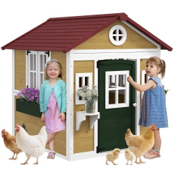 OUTSUNNY Kids Outdoor Indoor Playhouse, Wooden Toddlers Large Pretend Play Equipment Or Chicken Coop \w Door, Windows, Planter Pots, Gift Toys For