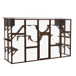PAWHUT Catio, Large Outdoor Cat Enclosure With Cat Condos, Platforms, Ladders, Doors, Weather-Resistant Roof, Wooden Cat Cage for 1-4 Cats, Espresso