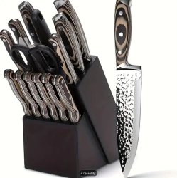 PRISMI 15PCs Premium Japanese Stainless Steel Knife Set \w Wooden Block - Ultra Sharp, Full-Tang Design, Irregular Hammer Pattern - Includes Chef's