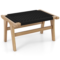 GYMAX Teak Ottoman Footstool W/ Handwoven Cordage for Patio Porch Balcony Lawn
