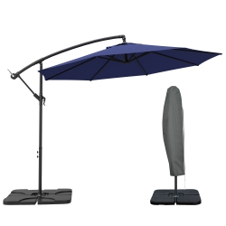 OUTSUNNY 9.6Ft Offset Patio Umbrella With Base, Garden Hanging Parasol With Crank, Banana Cantilever Umbrella Sun Shade In Navy Blue