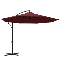 OUTSUNNY 9.7Ft Offset Patio Umbrella With Base, Garden Hanging Parasol With Crank, Banana Cantilever Umbrella Sun Shade, Wine In Red
