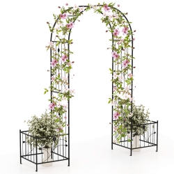 GYMAX 86" Arch Trellis for Climbing Plants W/ Planter Boxes Roses Vines for Wedding