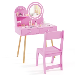 GYMAX Kids Vanity Set W/ Lighted Mirror Princess Makeup Dressing Desk & Chair Set In Pink