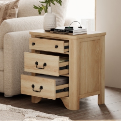 WAMPAT Farmhouse End Table \w Charging Station, 20.5" Sofa Side Table \w Large 3 Drawers, Rustic Wood Nightstands for Bedroom, Living Room, Home