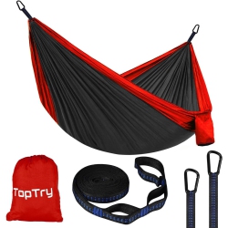 PETGINHOME Single Double Camping Hammock \w Tree Straps, Portable Nylon Hammock for Camping, Backpacking, Outdoors, Beach, Garden, Black&red, Large(55"w