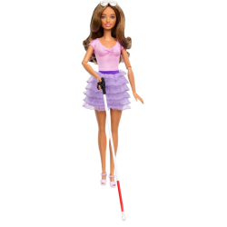 PRIME MADE Barbie Fashionistas Doll #228, Blind Barbie Doll Wearing Top And Ruffled Skirt \w Cane And Sunglasses In Partnership \w The American