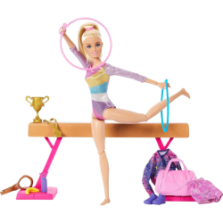 PRIME MADE Barbie Careers Playset, Gymnastics Set \w Blonde Gymnast Fashion Doll, C-Clip for Flipping Action, Balance Beam, Warm-Up Suit & Accessories