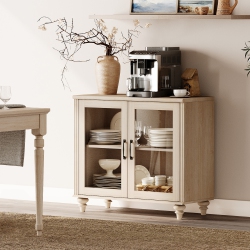 WAMPAT Buffet Cabinet \w Glass Doors, Coffee Bar Tables Wood Kitchen Storage Cabinets \w Adjustable Shelf, Modern Farmhouse Sideboard Credenza For