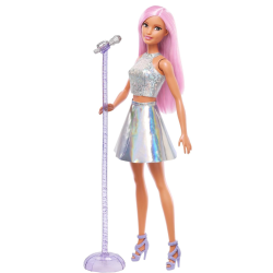 MEHIAZ Barbie Careers Fashion Doll & Accessory, Pop Star With Hair Wearing Iridescent Skirt With Microphone In Pink