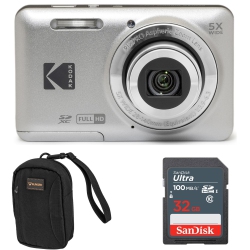 KODAK Pixpro Fz55-Slv 16Mp Digital Camera (Silver) 5X Optical Zoom 28MM Wide Angle 1080P Full HD Video 2.7" Lcd Vlogging Camera Bundled \w Sd Card