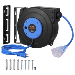 VEVOR 45Ft Retractable Extension Cord Reel, Heavy Duty 12Awg/3 Sjtow Power Cord \w Lighted Triple Tap Outlet, 15A Circuit Breaker, 180°Swivel