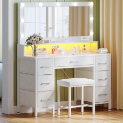 PRISMI Vanity Desk \w Mirror And Lights, Makeup Vanity \w Upholstered Vanity Stool, 7 Drawers, 9 Dimmable Led Bulbs, Vanity Set \w Power Outlets, RGB