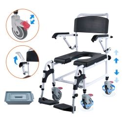 VEVOR 3-Level Adjustable Height Shower Commode Wheelchair \w 4 Lockable Wheels, Footrests, Flip-Up Arms, 5L Removable Bucket, 350 Lbs Capacity