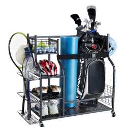 VEVOR Golf Storage Garage Organizer, 2 Golf Bag Stand Holder, Rolling Ball Cart On Wheels, Outdoor Sport Gear And Toy Storage \w Baskets & Hooks