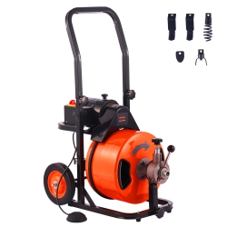 VEVOR Drain Cleaning Machine 75 Ft X 1/2 Inch, Sewer Auger Auto Feed With 4 Cutter & Air-Activated Foot Switch for 1" to 4" Pipes, Orange In Black