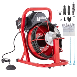 VEVOR Drain Cleaner Machine 50Ft X 3/8 Inch, Auto Feed Sewer Snake Auger, Electric Drain Cleaning Machine \w 4 Cutters & Air-Activated Foot Switch