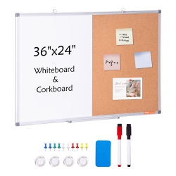 VEVOR 36"x 24" Whiteboard & Cork Board Combo With Aluminum Frame – 2-In-1 Magnetic Dry Erase Bulletin Board for Wall Mount